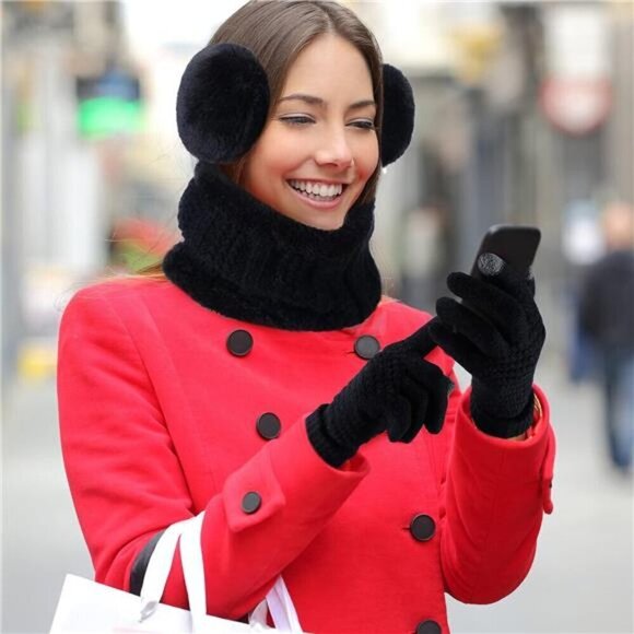 5 Pieces Women Winter Warm Set Knit Beanie Hat Scarf Touchscreen Gloves - Picture 6 of 7